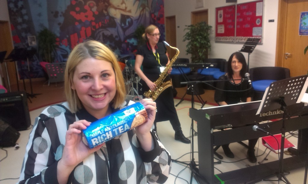 Jess Henderson raised money via a “Rich Tea, Cake and Coffee Morning at Barnsley College. Musicians Susan Donnelly and Helen Madden provided the entertainment.